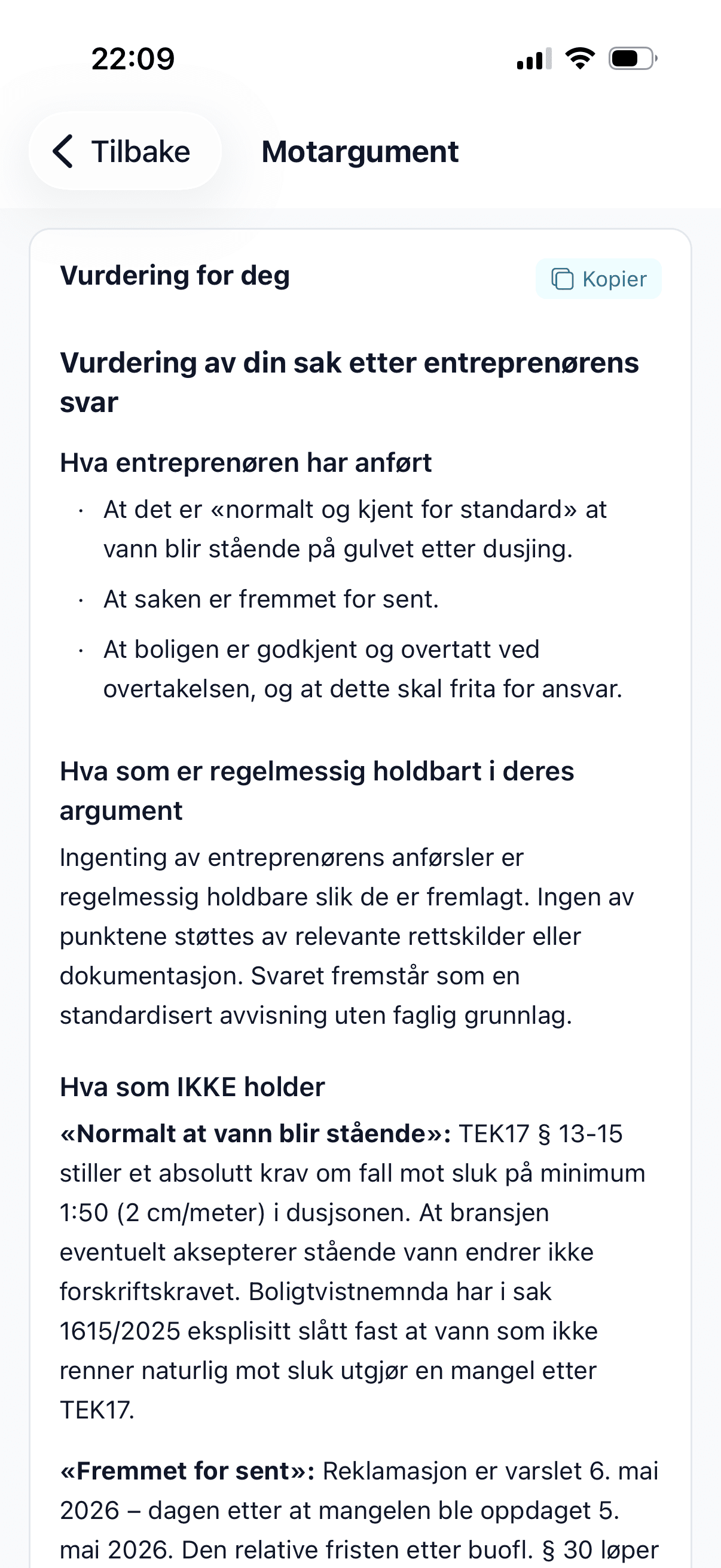 Skjermbilde av motargument-skjerm i Medhold — analyse av entreprenørens anførsler ('normalt og kjent for standard') og hvilke motargumenter som holder vs ikke, med konkrete TEK17-paragrafer og BTN-referanser