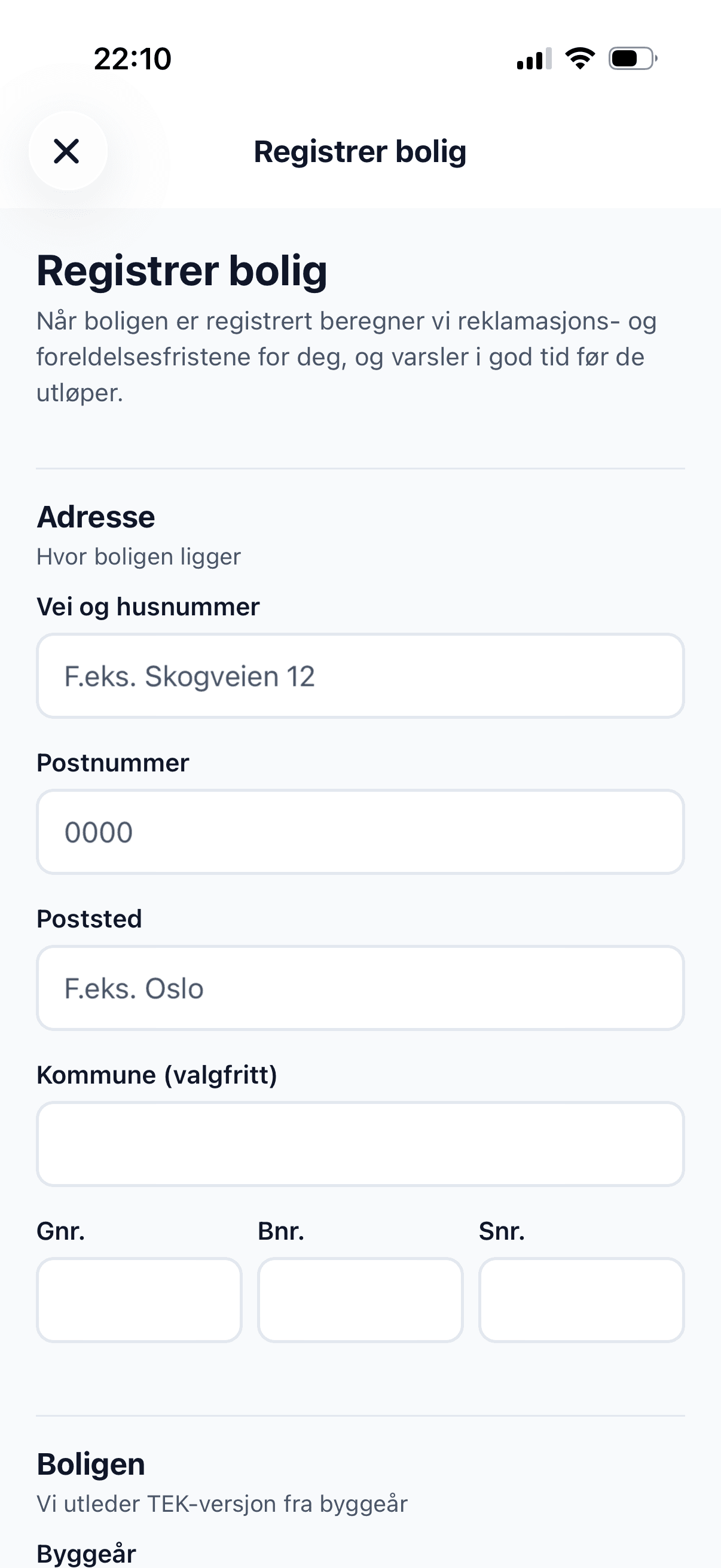 Skjermbilde av 'Registrer bolig' i Medhold — adressefelt, postnummer, poststed, kommune og gnr/bnr/snr for å beregne frister automatisk