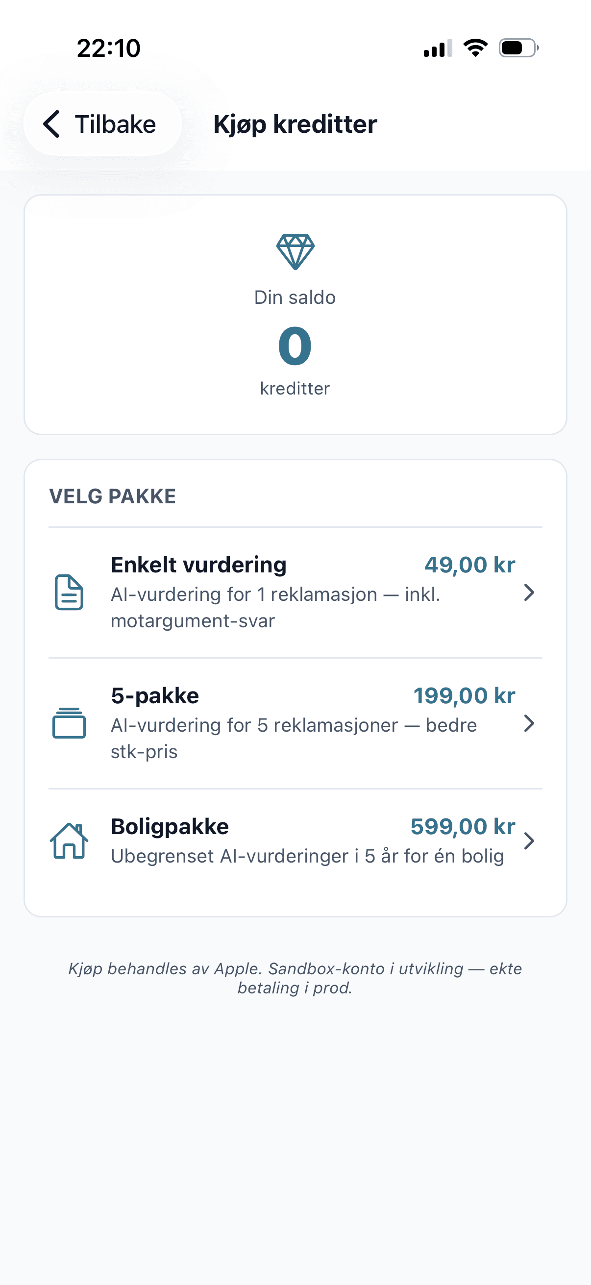Skjermbilde av 'Kjøp kreditter' i Medhold — saldo-oversikt og tre pakker (Enkelt-vurdering 49 kr, 5-pakke 199 kr, Boligpakke 599 kr i 5 år)
