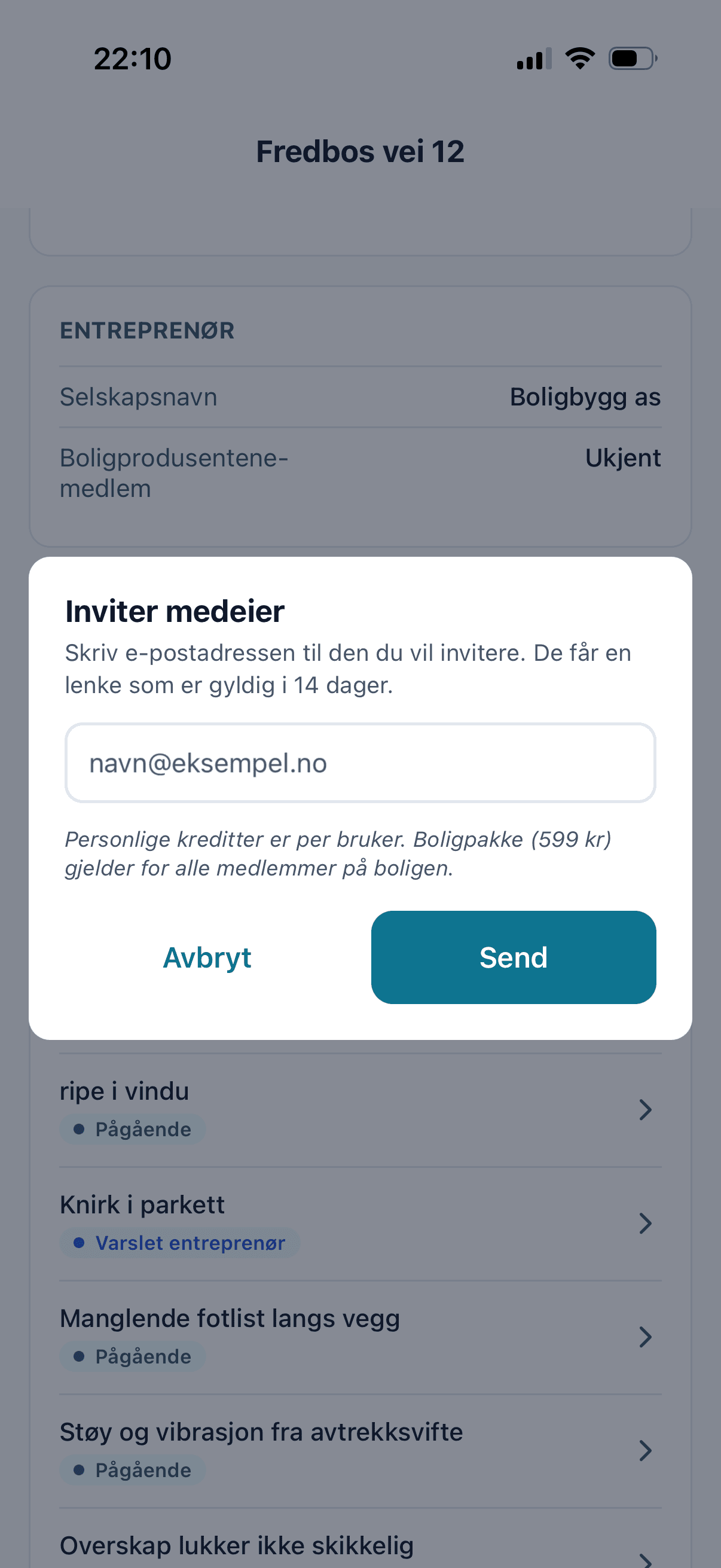 Skjermbilde av 'Inviter medeier'-modal i Medhold — e-postfelt for invitasjonen som er gyldig i 14 dager, med forklaring at boligpakke (599 kr) deler kreditter automatisk for alle medlemmer på boligen